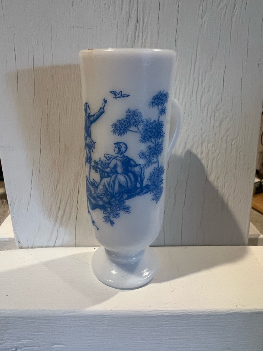 Avon Blue and White Milk Glass Vase with Romantic Transfer Print